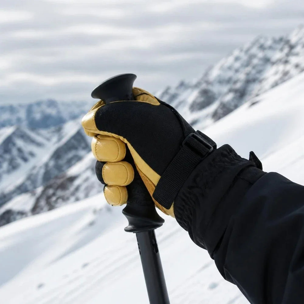 Skier wearing Vekap waterproof leather ski gloves holding a ski pole on a snowy mountain.