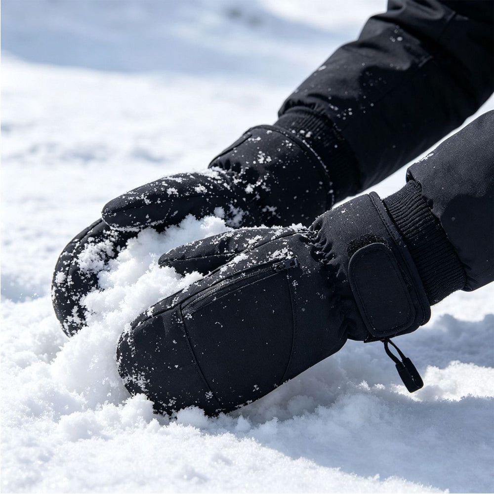 Black waterproof thermal ski mittens gripping snow on a winter slope, comparing ski gloves vs mittens.