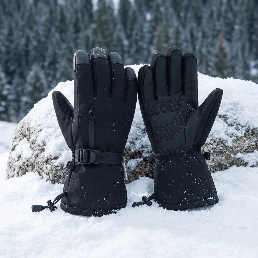 Black insulated ski gloves with textured grip palms displayed in the snow