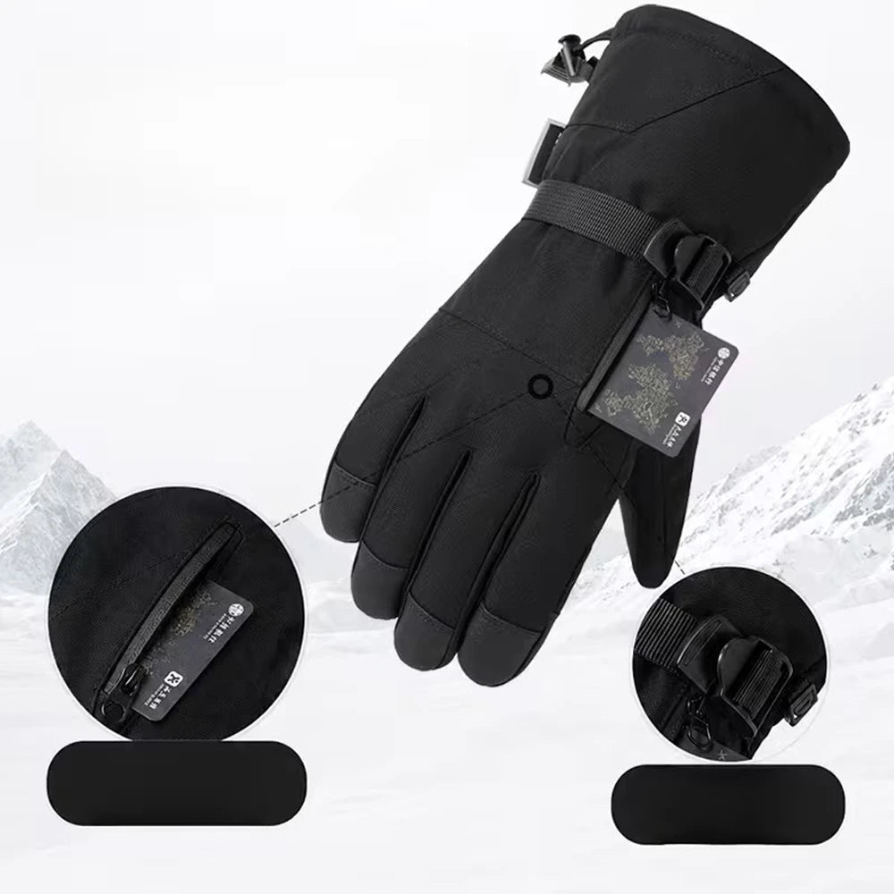 Black ski glove with zippered pocket and adjustable wrist strap