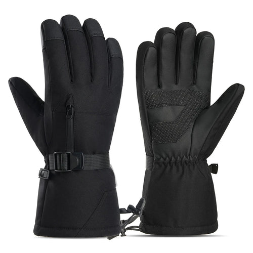 Black ski gloves showing the back and textured grip palm