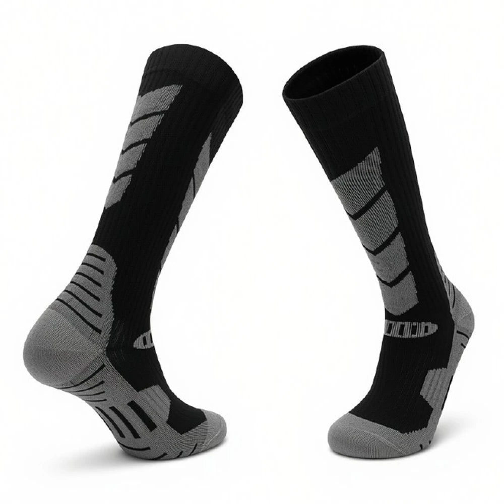 Black and grey cushioned thermal ski socks on a white background