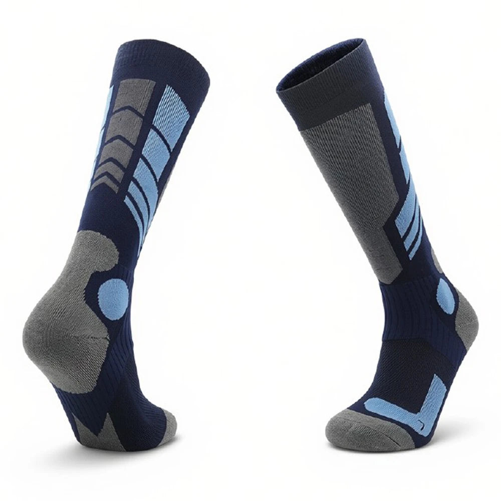 Navy and blue cushioned thermal ski socks on a white background