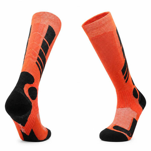 Orange and black cushioned thermal ski socks on a white background