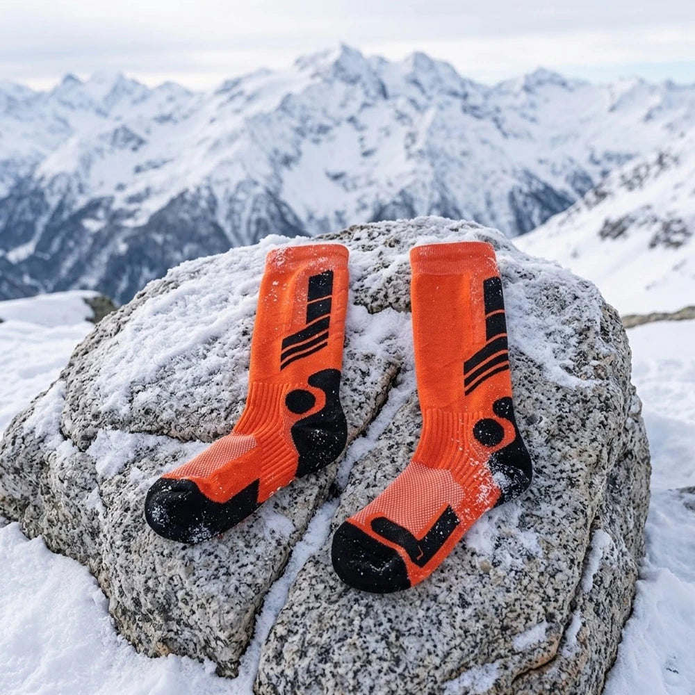 Orange and black thermal ski socks displayed on a snowy mountain rock