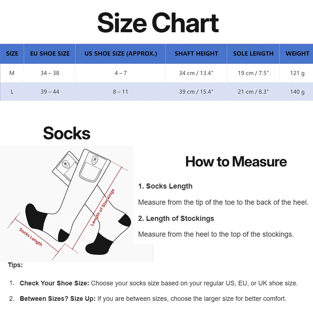 Cushioned thermal ski socks size chart with US and EU shoe sizes and measurements