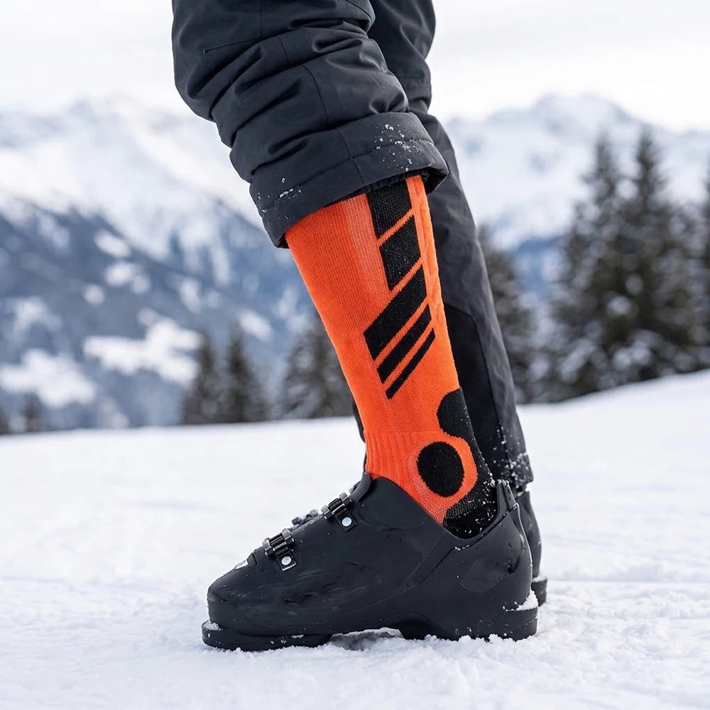 Orange thermal ski sock worn with a ski boot in the snow