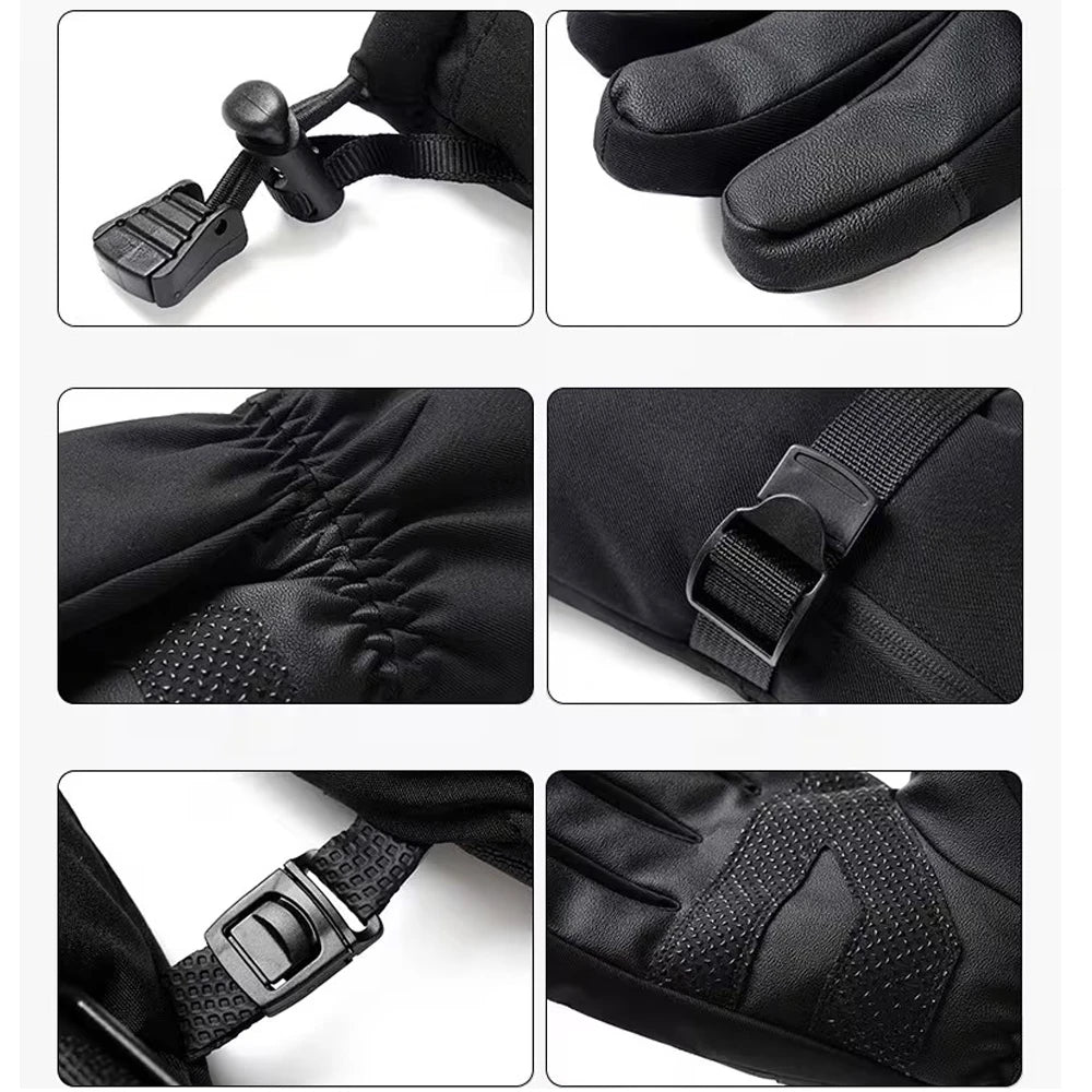 Close-up details of ski glove fingertips, wrist strap, drawcord and textured palm