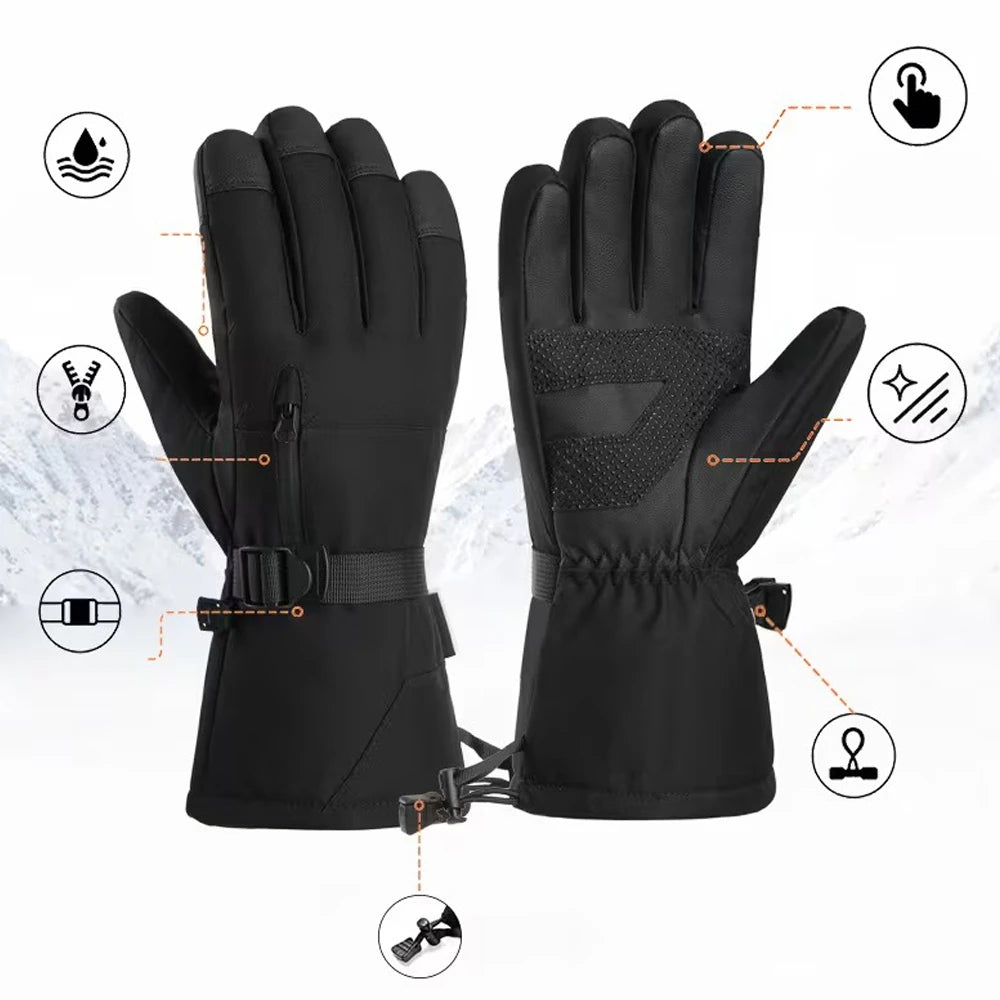 Black ski gloves showing touchscreen fingertips, grip palm, wrist strap and drawcord cuff