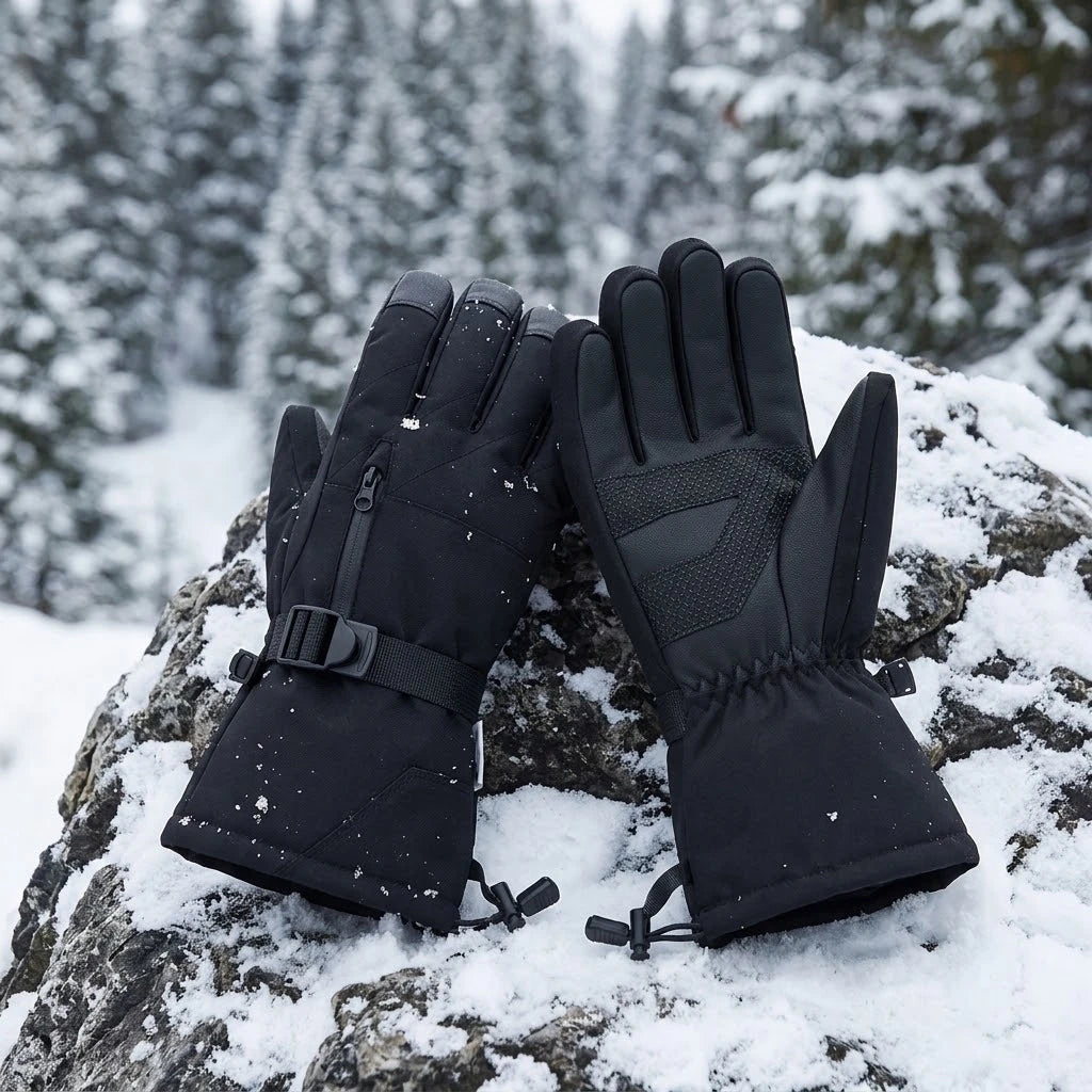 Black ski gloves showing the palm and back design in a snowy outdoor setting