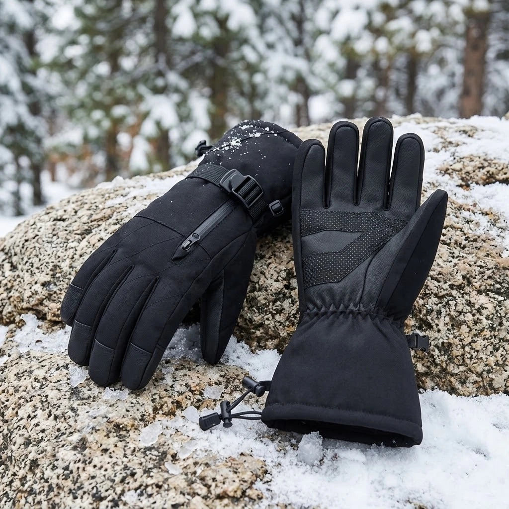 Black insulated ski gloves displayed on a snow-covered rock