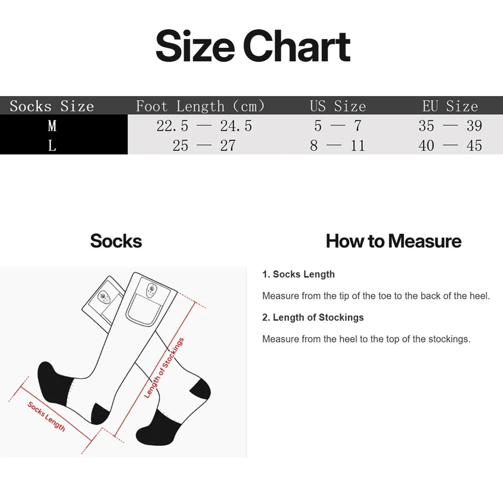 Thermal ski socks size chart with US sizes, EU sizes, and foot length measurements