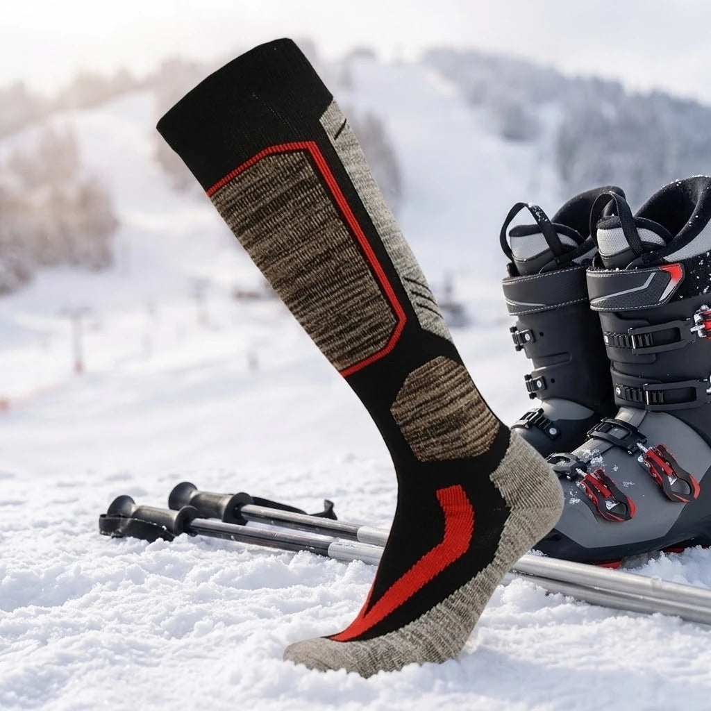 Black thermal ski sock displayed with ski boots and poles in the snow