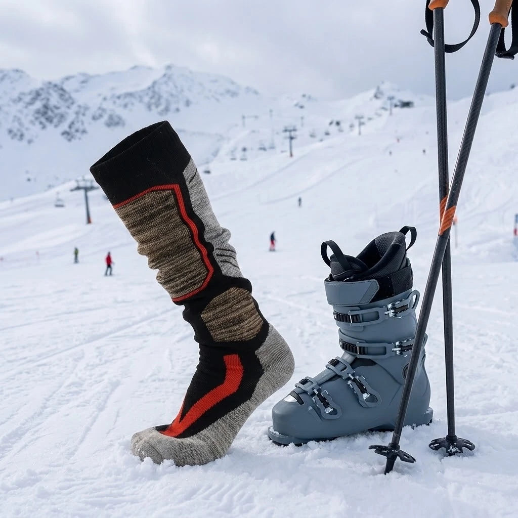 Thermal ski sock beside ski boot and poles at a snowy ski resort