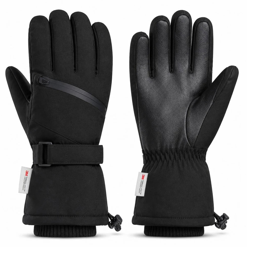 Black 3M Thinsulate ski gloves showing the front and back, featuring a zippered pocket and 3M tags.