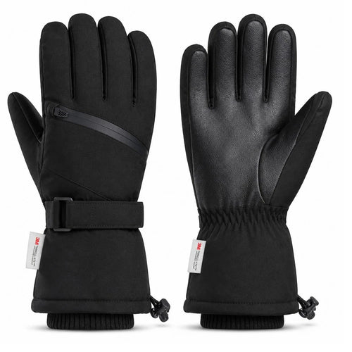 Black 3M Thinsulate ski gloves showing the front and back, featuring a zippered pocket and 3M tags.