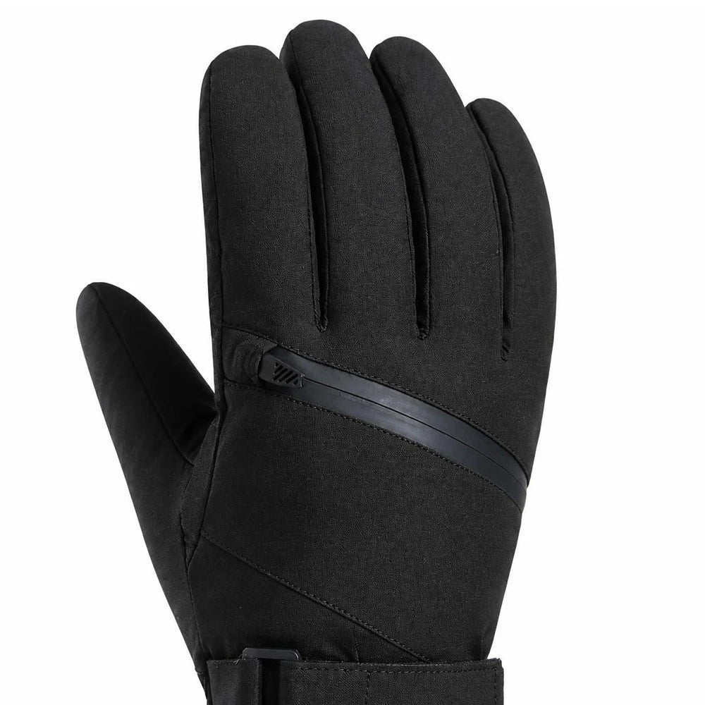 Close-up of the diagonal zippered pocket on the back of the black ski gloves.