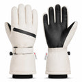 Cream white 3M Thinsulate ski gloves showing the front and back with black leather palms.