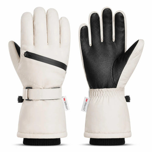 Cream white 3M Thinsulate ski gloves showing the front and back with black leather palms.