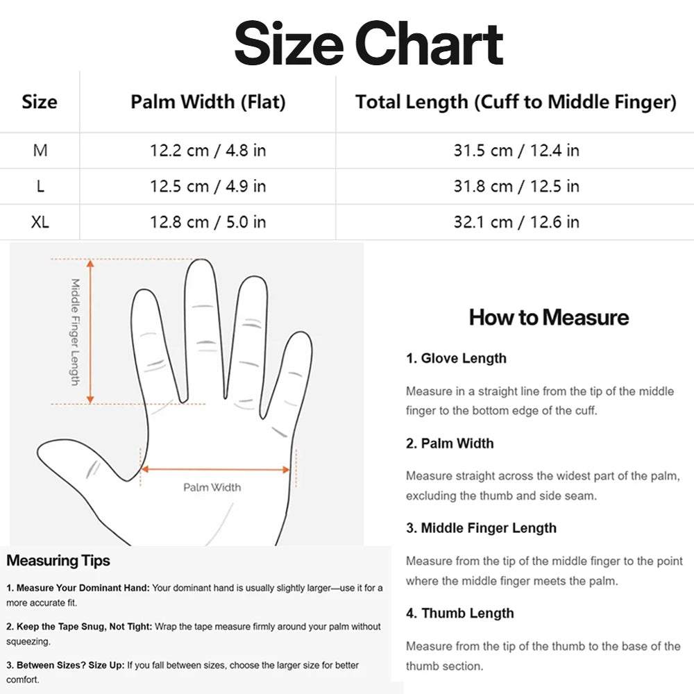 Size chart for Vekap 3M Thinsulate ski gloves showing palm width and total length in cm and inches for sizes M, L, and XL.