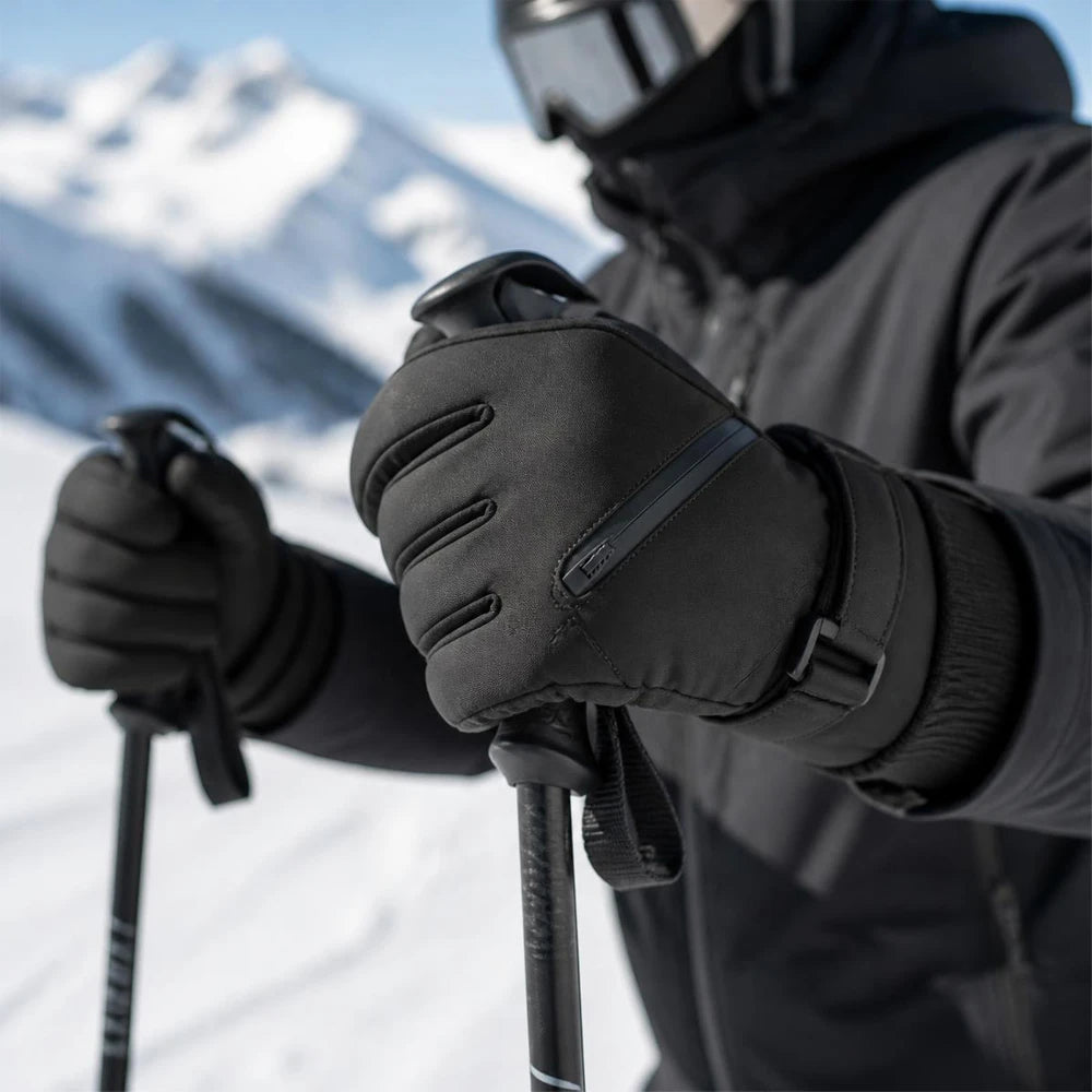 Skier wearing black 3M Thinsulate ski gloves holding ski poles on a snowy mountain.
