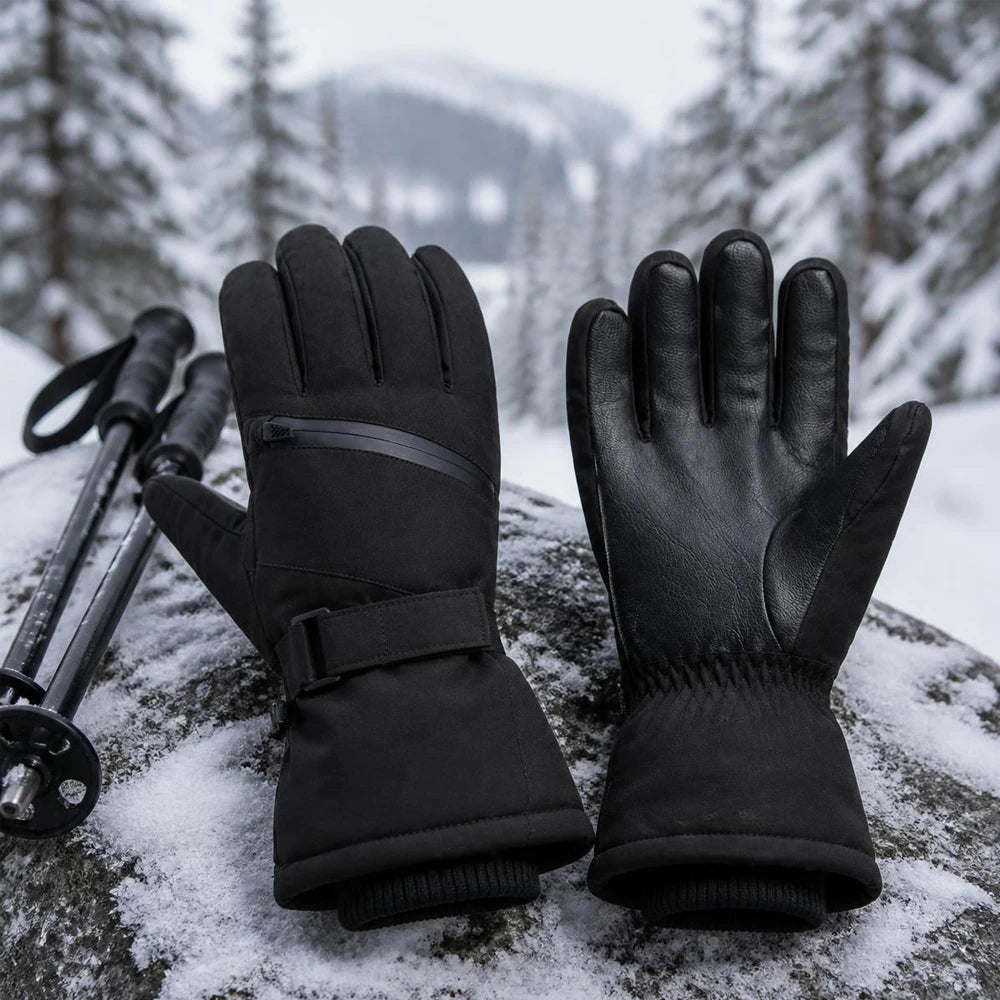 Black 3M Thinsulate ski gloves resting on a snow-covered rock next to ski poles.