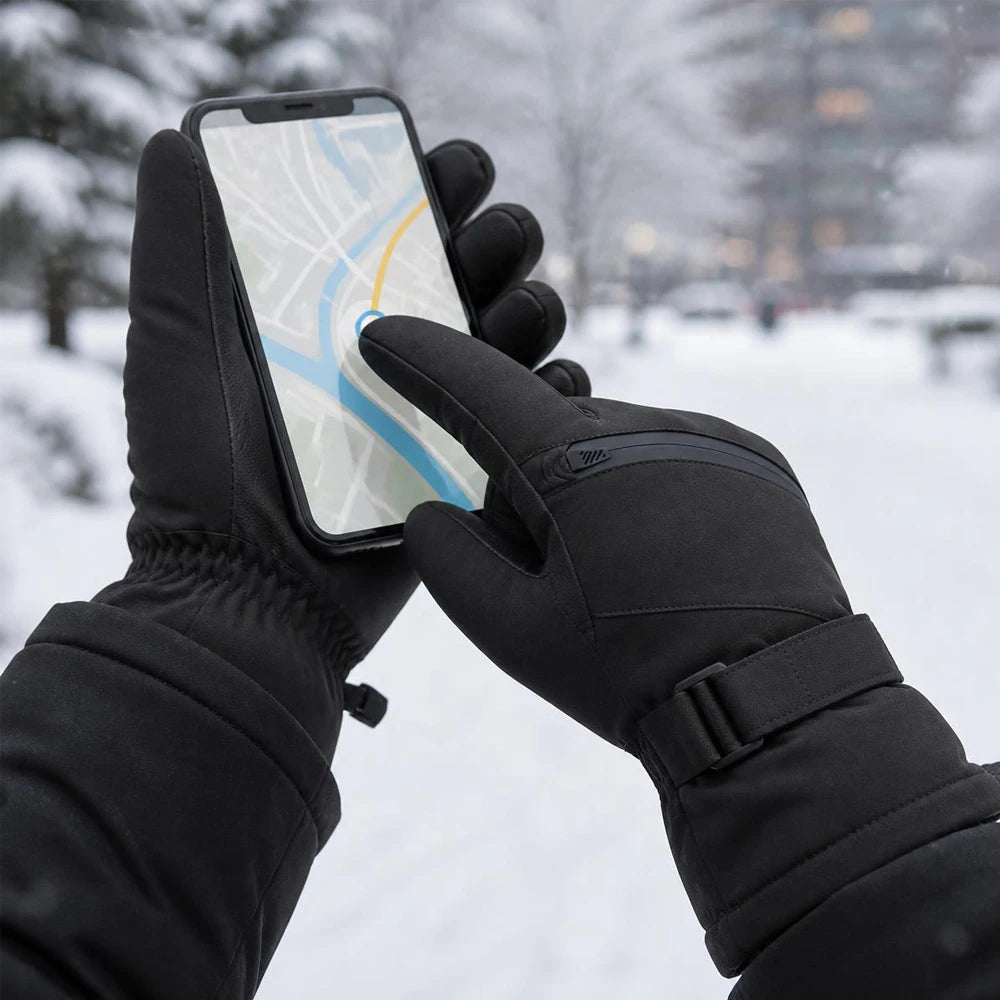 Person using a smartphone touchscreen while wearing black 3M Thinsulate ski gloves.