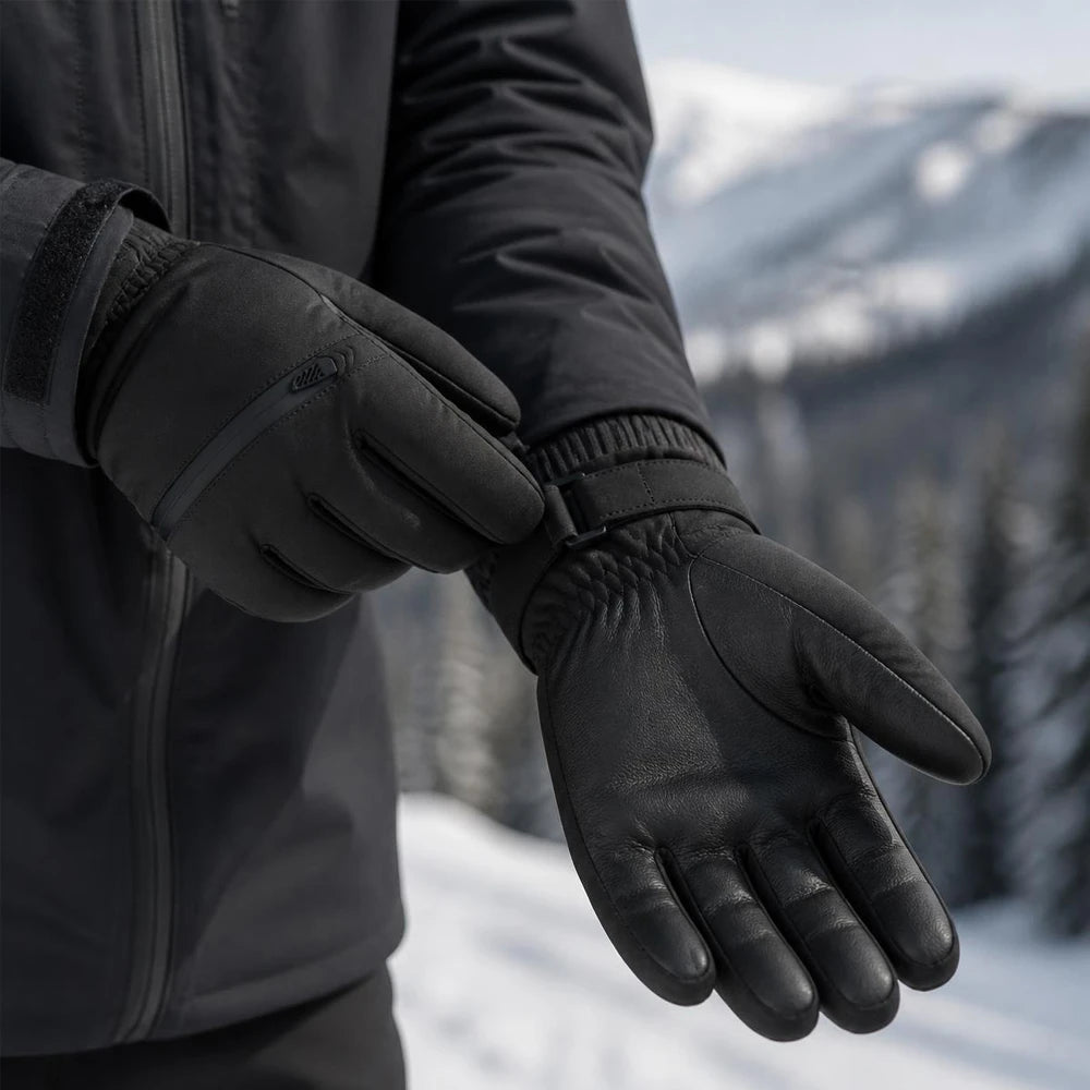 Person wearing black 3M Thinsulate ski gloves, showing the leather palm and wrist strap.