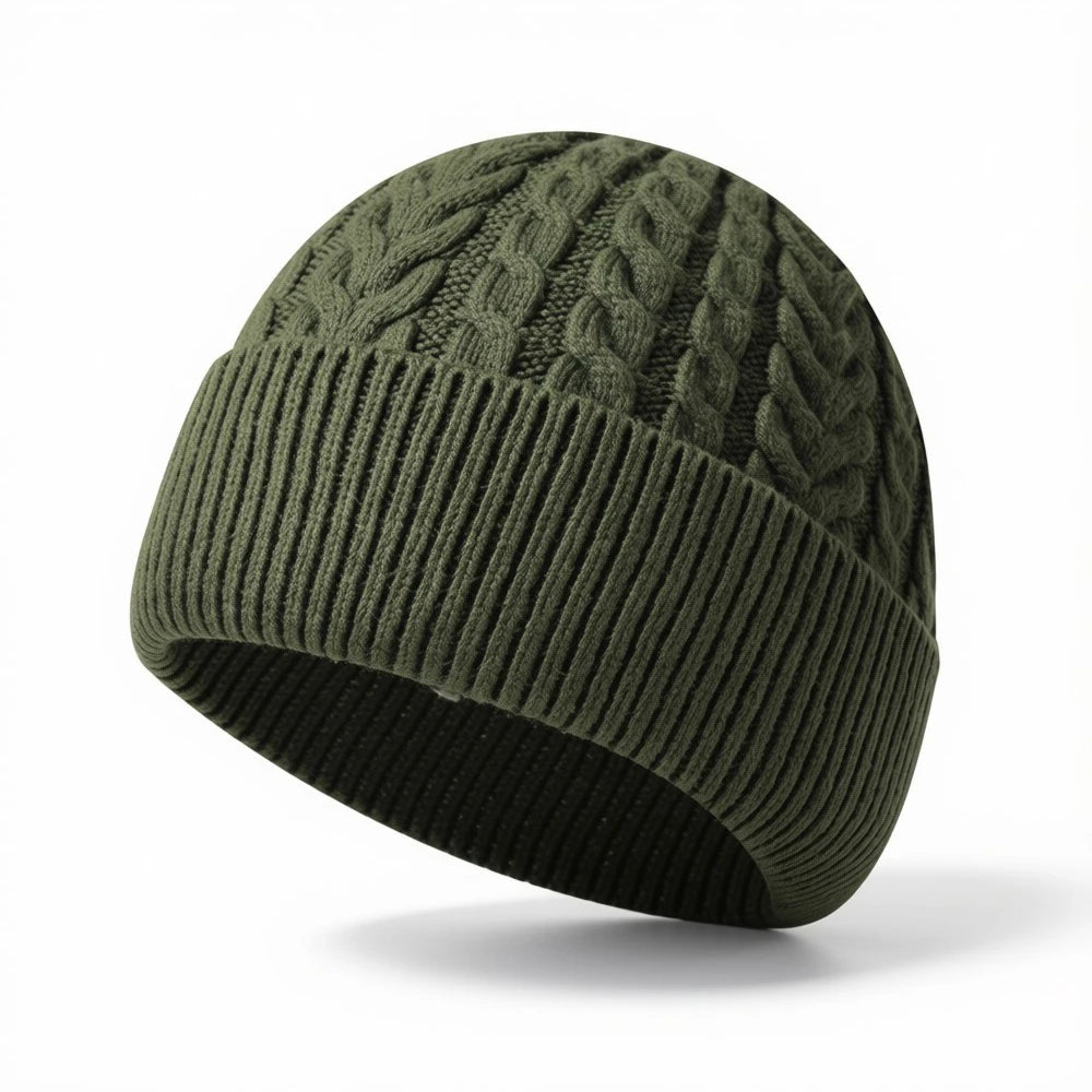 Army green cable knit beanie with ribbed cuff and classic textured pattern.