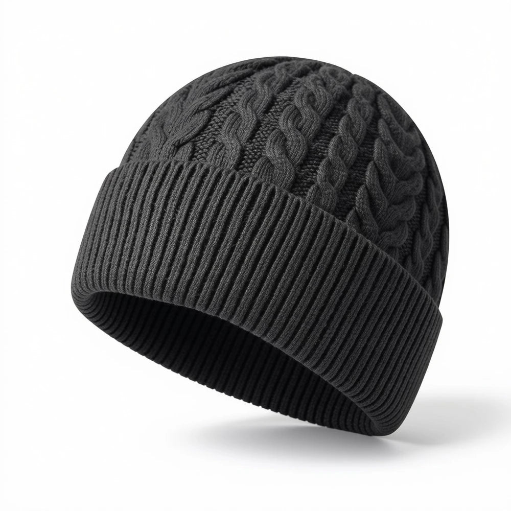 Dark grey cable knit beanie with ribbed cuff and classic textured pattern.