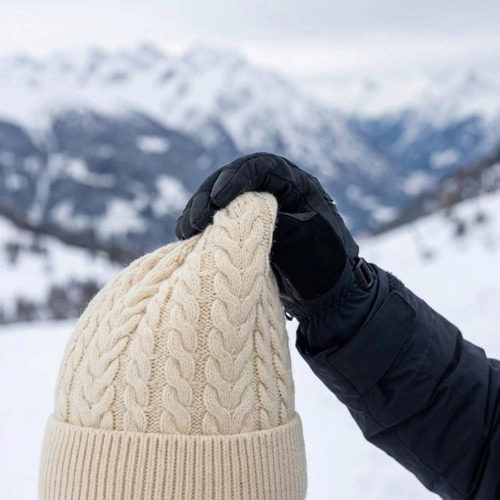 Hand holding a white cable knit beanie against a snowy coveredground.