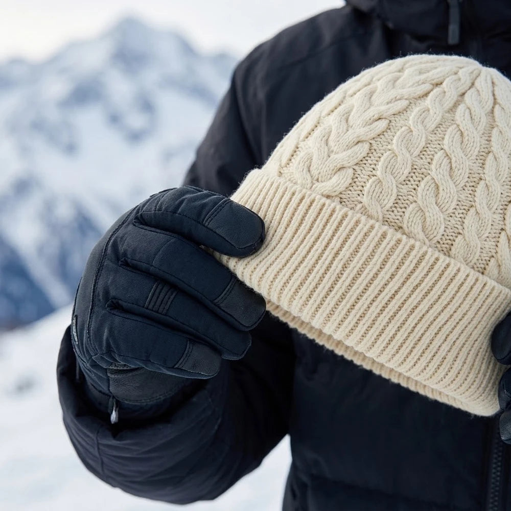 Person in winter gear holding a white cable knit beanie in a snowy landscape.