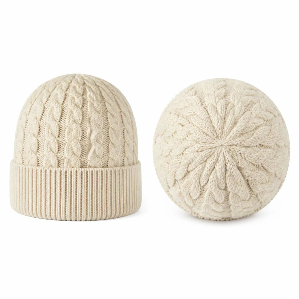 White cable knit beanie shown from front and back with ribbed cuff and crown detail.