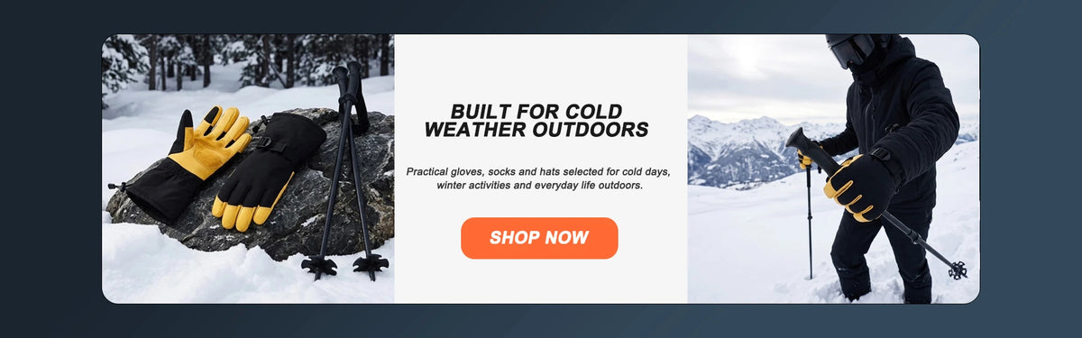 Banner with the headline “Built for Cold Weather Outdoors” and a “Shop Now” button, featuring leather ski gloves on a snowy rock and a person wearing gloves holding trekking poles in the snow.