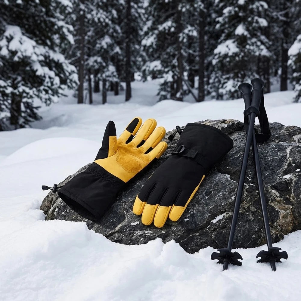 Vekap leather ski gloves resting on a rock with ski poles in a snowy winter landscape.