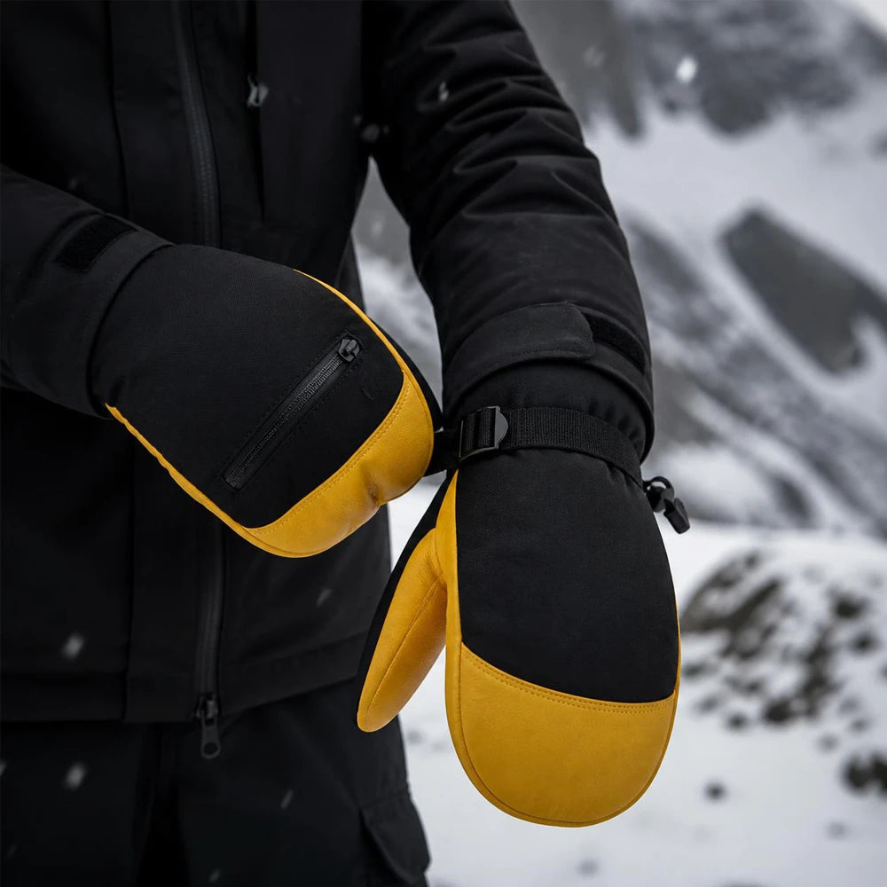 Person wearing black and yellow ski mittens adjusting the wrist strap on a snowy mountain.