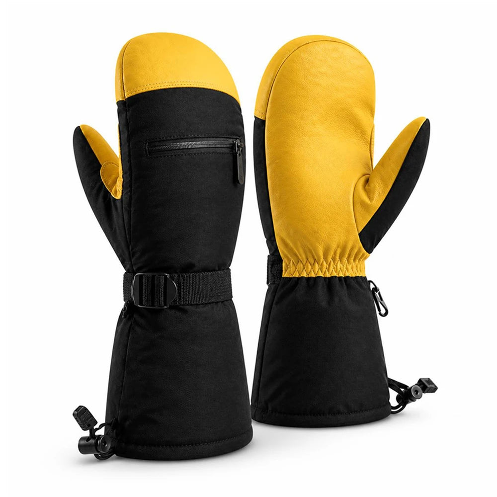 Angled view of black and yellow leather ski mittens with zippered pocket and wrist strap.