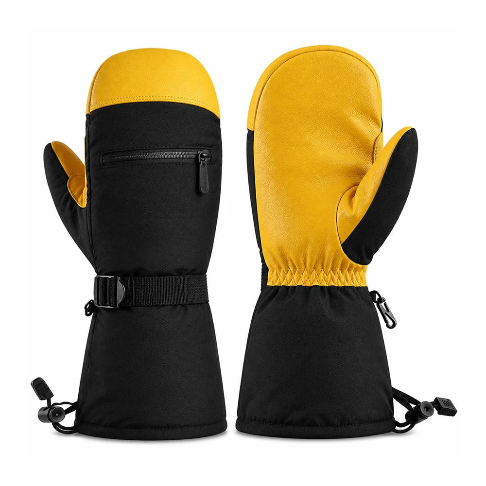 Black and yellow leather ski mittens showing the front and back side by side.
