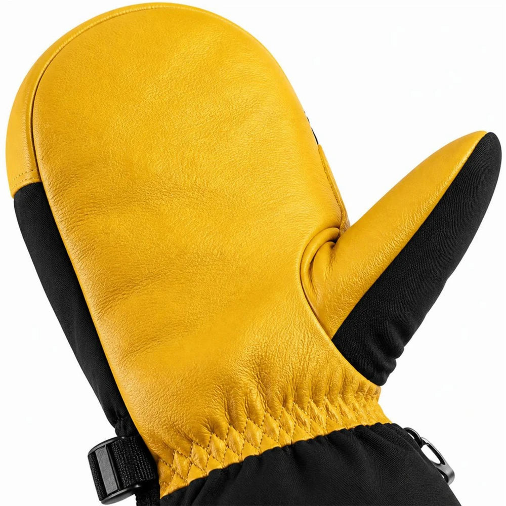 Close-up of the yellow leather palm on a black and yellow ski mitten.