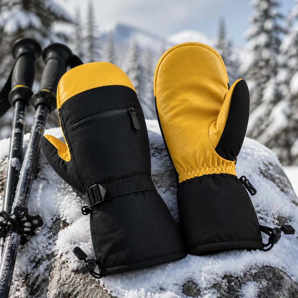 Black and yellow leather ski mittens resting on a snow-covered rock with ski poles in a winter forest.