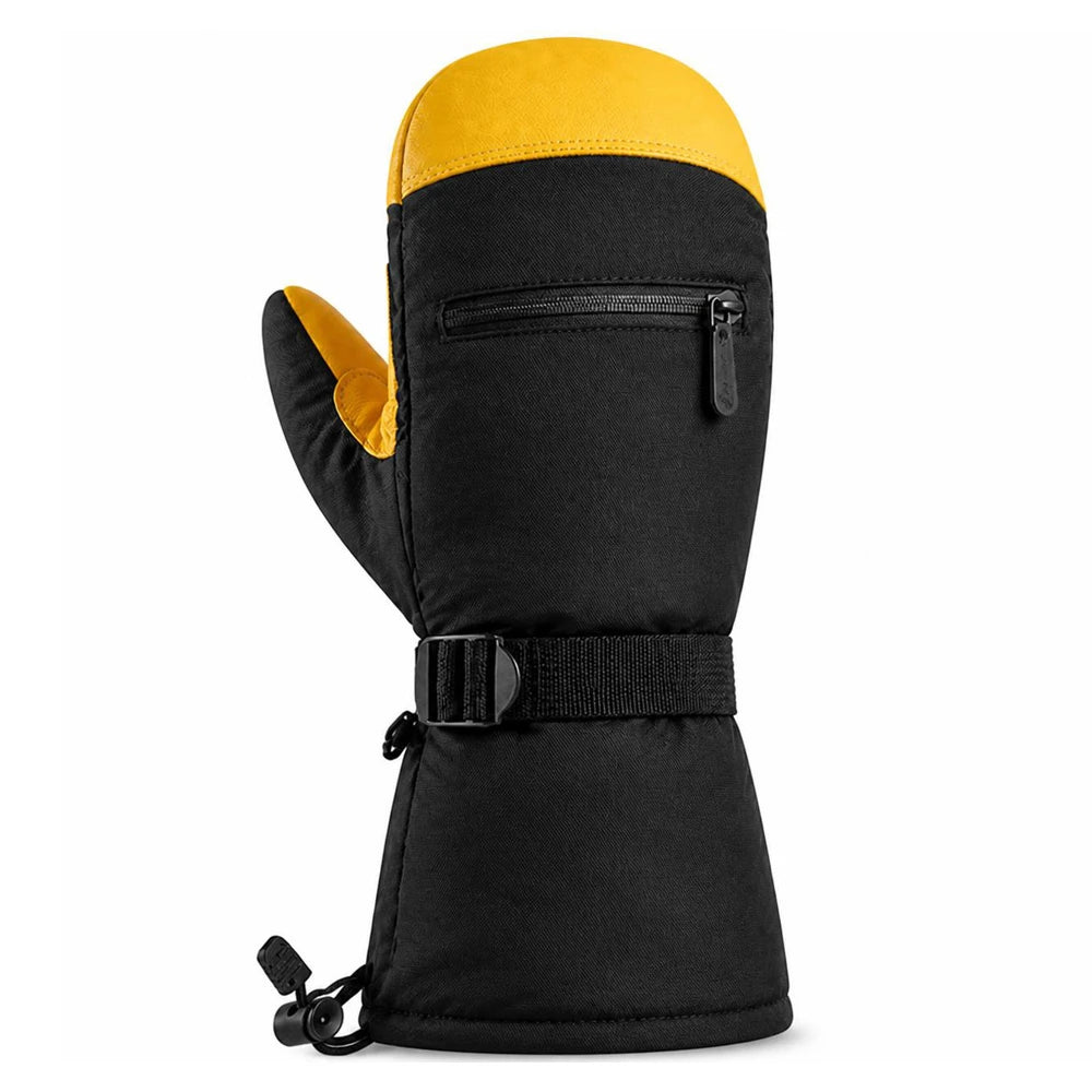 Side view of a black and yellow leather ski mitten showing the contrast between fabric and leather.