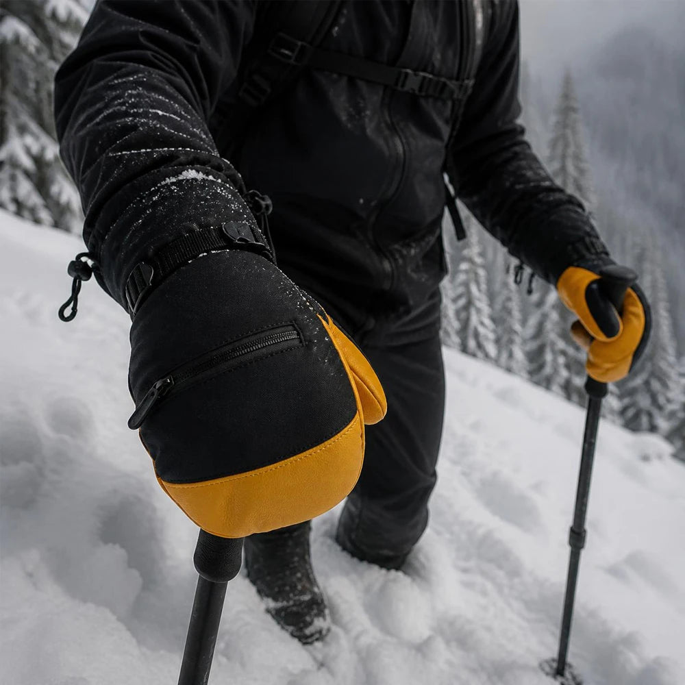 Skier wearing black and yellow leather ski mittens on a snowy mountain slope.