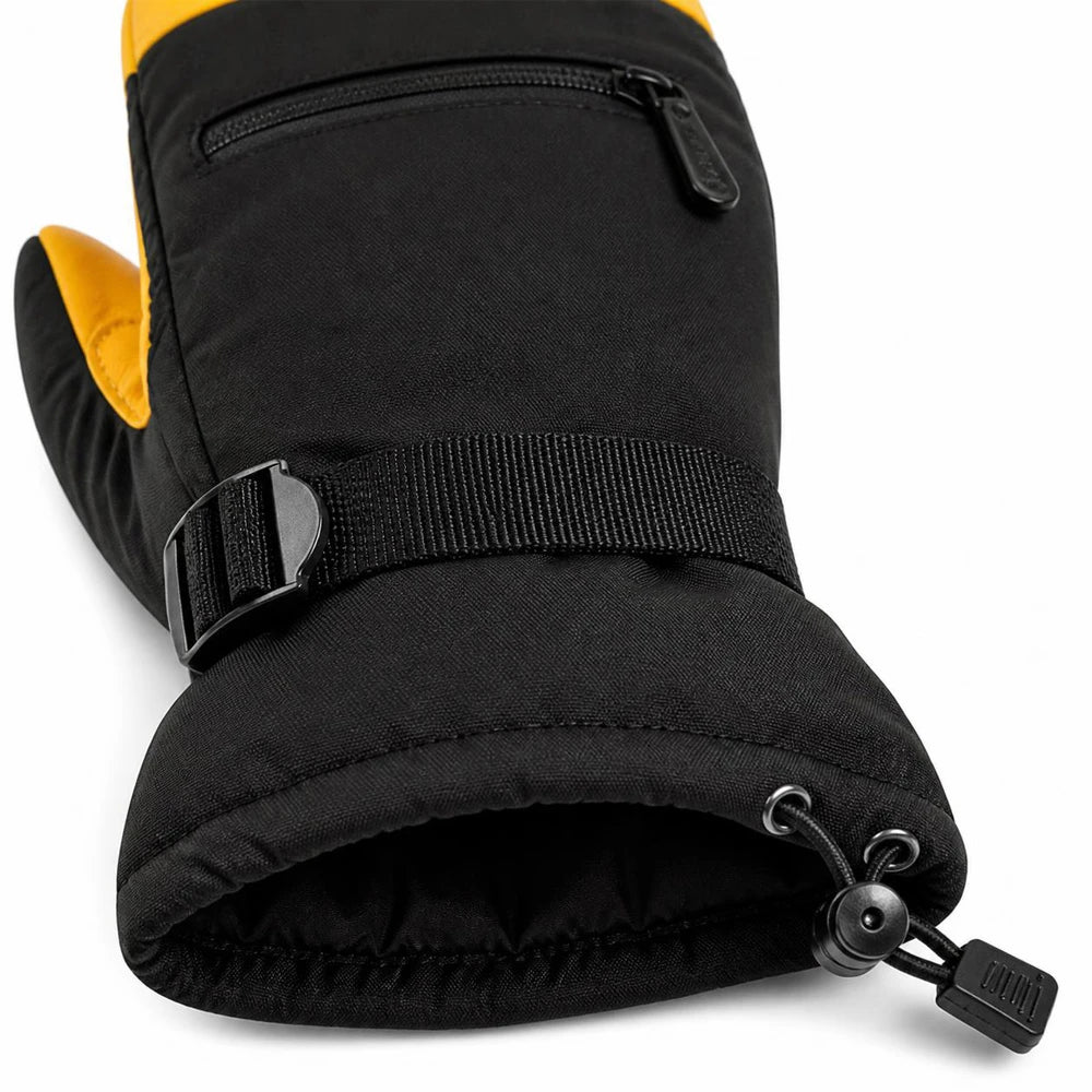 Detail of the zippered pocket, adjustable wrist strap, and drawcord cuff on a ski mitten.