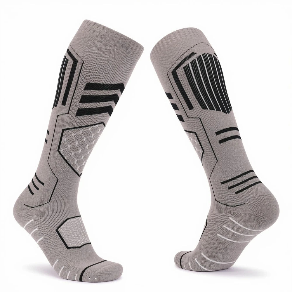 Grey Merino blend ski socks showing the front and back in a V-shape.