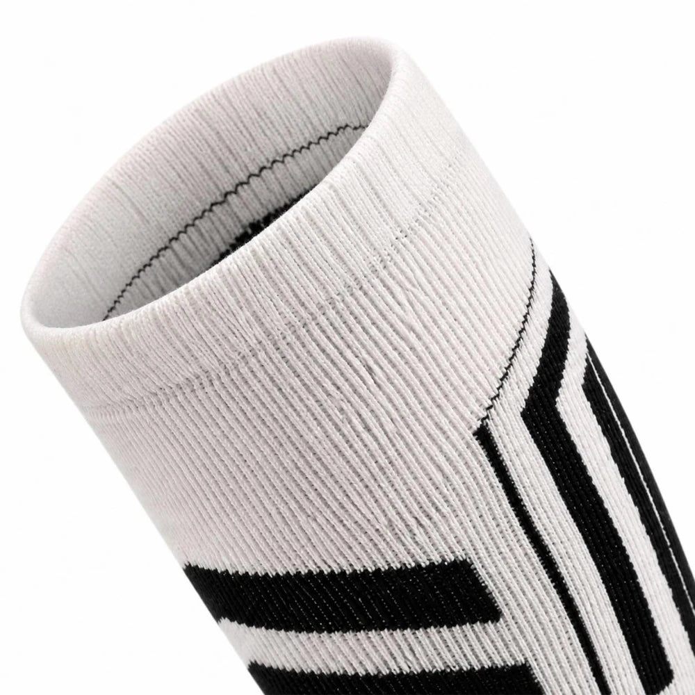 Close-up of the ribbed cuff on white Merino blend ski socks.