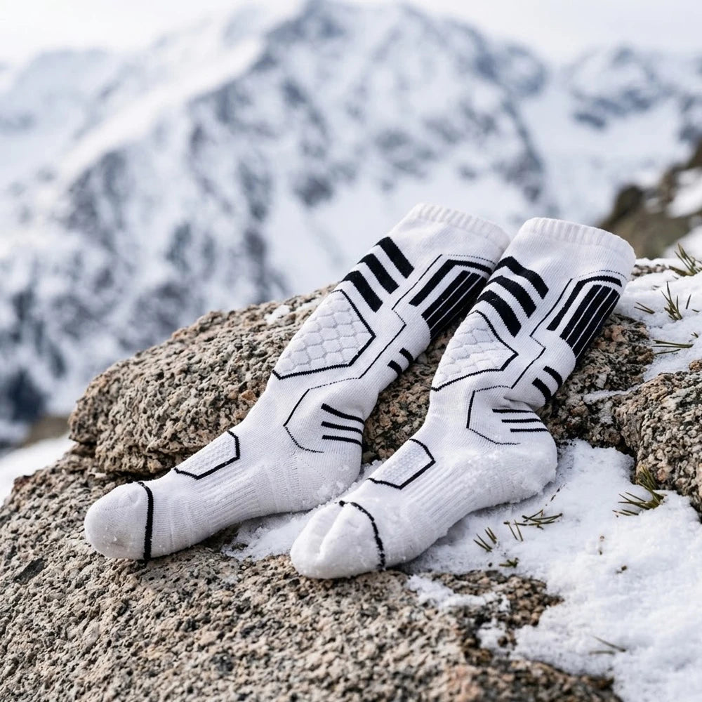 Two white Merino blend ski socks resting on a snow-covered rock with snowy mountains in the background.