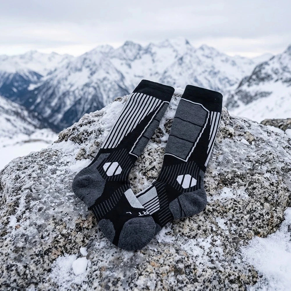 Black merino wool ski socks placed on a snowy rock with mountain landscape.