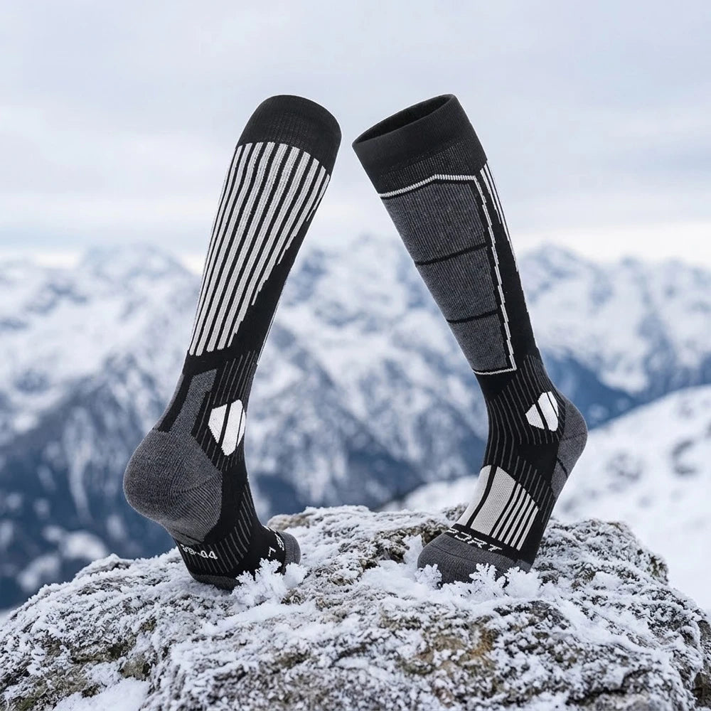 Black merino wool ski socks laid flat on snow showing sole and toe details.
