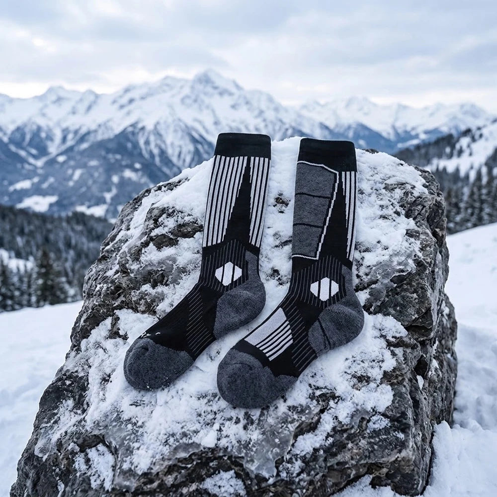 Black ski socks standing on a snowy rock showing knee-high length and mountain view.