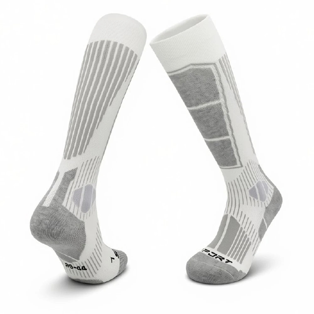 White and grey merino wool ski socks with ribbed cuff and cushioned sole.